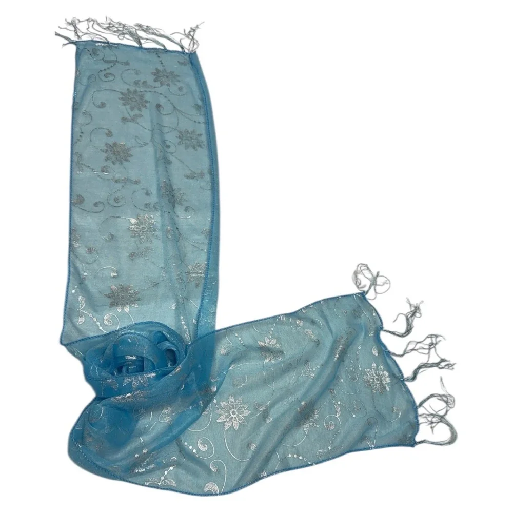 Blue Floral Womens Scarf Lightweight Sheer Wrap with Fringe 58x8‎